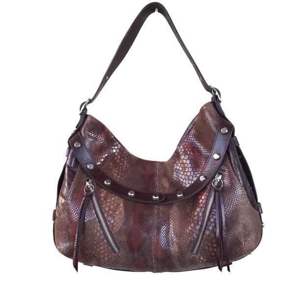 Pietro Alessandro Snakeskin Embossed Leather Studded Hobo Shoulder Bag - Picture 5 of 15